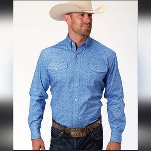 Roper Armadillo Dusk print long sleeve button down western shirt in blue size la